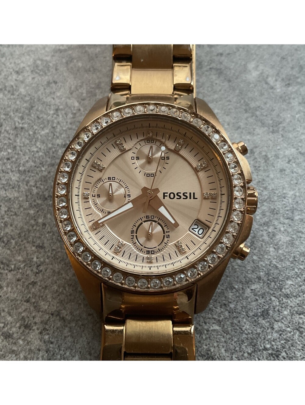 Fossil Decker Women Watch ES3352 Chronograph Pave Rose Gold Tone 37mm Case BR